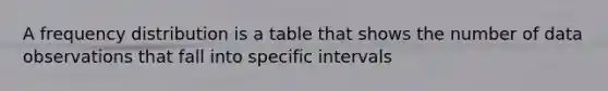 A <a href='https://www.questionai.com/knowledge/kBageYpRHz-frequency-distribution' class='anchor-knowledge'>frequency distribution</a> is a table that shows the number of data observations that fall into specific intervals