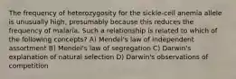 The frequency of heterozygosity for the sickle-cell anemia allele is unusually high, presumably because this reduces the frequency of malaria. Such a relationship is related to which of the following concepts? A) Mendel's law of independent assortment B) Mendel's law of segregation C) Darwin's explanation of natural selection D) Darwin's observations of competition