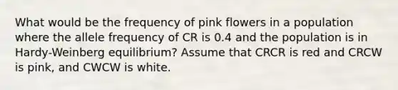 What would be the frequency of pink flowers in a population where the allele frequency of CR is 0.4 and the population is in Hardy-Weinberg equilibrium? Assume that CRCR is red and CRCW is pink, and CWCW is white.