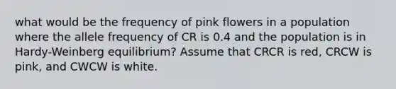 what would be the frequency of pink flowers in a population where the allele frequency of CR is 0.4 and the population is in Hardy-Weinberg equilibrium? Assume that CRCR is red, CRCW is pink, and CWCW is white.