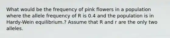 What would be the frequency of pink flowers in a population where the allele frequency of R is 0.4 and the population is in Hardy-Wein equilibrium.? Assume that R and r are the only two alleles.