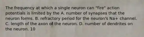 The frequency at which a single neuron can "fire" action potentials is limited by the A. number of synapses that the neuron forms. B. refractory period for the neuron's Na+ channel. C. length of the axon of the neuron. D. number of dendrites on the neuron. 10