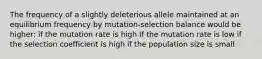 The frequency of a slightly deleterious allele maintained at an equilibrium frequency by mutation-selection balance would be higher: if the mutation rate is high If the mutation rate is low if the selection coefficient is high if the population size is small