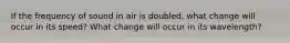 If the frequency of sound in air is doubled, what change will occur in its speed? What change will occur in its wavelength?