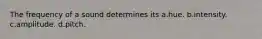 The frequency of a sound determines its a.hue. b.intensity. c.amplitude. d.pitch.
