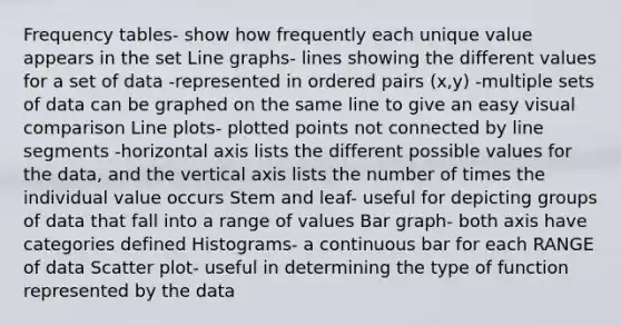 Frequency tables- show how frequently each unique value appears in the set Line graphs- lines showing the different values for a set of data -represented in ordered pairs (x,y) -multiple sets of data can be graphed on the same line to give an easy visual comparison Line plots- plotted points not connected by line segments -horizontal axis lists the different possible values for the data, and the vertical axis lists the number of times the individual value occurs Stem and leaf- useful for depicting groups of data that fall into a range of values Bar graph- both axis have categories defined Histograms- a continuous bar for each RANGE of data Scatter plot- useful in determining the type of function represented by the data