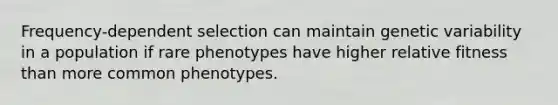 Frequency-dependent selection can maintain genetic variability in a population if rare phenotypes have higher relative fitness than more common phenotypes.