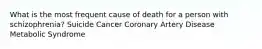 What is the most frequent cause of death for a person with schizophrenia? Suicide Cancer Coronary Artery Disease Metabolic Syndrome