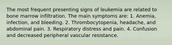 The most frequent presenting signs of leukemia are related to bone marrow infiltration. The main symptoms are: 1. Anemia, infection, and bleeding. 2. Thrombocytopenia, headache, and abdominal pain. 3. Respiratory distress and pain. 4. Confusion and decreased peripheral vascular resistance.