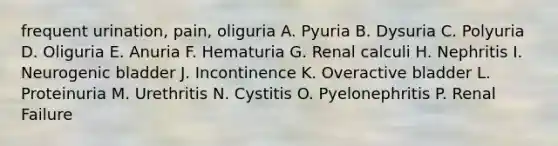 frequent urination, pain, oliguria A. Pyuria B. Dysuria C. Polyuria D. Oliguria E. Anuria F. Hematuria G. Renal calculi H. Nephritis I. Neurogenic bladder J. Incontinence K. Overactive bladder L. Proteinuria M. Urethritis N. Cystitis O. Pyelonephritis P. Renal Failure