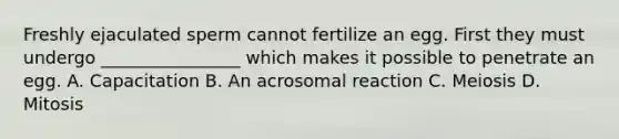 Freshly ejaculated sperm cannot fertilize an egg. First they must undergo ________________ which makes it possible to penetrate an egg. A. Capacitation B. An acrosomal reaction C. Meiosis D. Mitosis