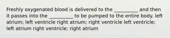 Freshly oxygenated blood is delivered to the __________ and then it passes into the __________ to be pumped to the entire body. left atrium; left ventricle right atrium; right ventricle left ventricle; left atrium right ventricle; right atrium