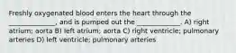 Freshly oxygenated blood enters the heart through the ______________, and is pumped out the _____________. A) right atrium; aorta B) left atrium; aorta C) right ventricle; pulmonary arteries D) left ventricle; pulmonary arteries