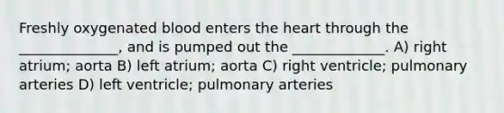 Freshly oxygenated blood enters the heart through the ______________, and is pumped out the _____________. A) right atrium; aorta B) left atrium; aorta C) right ventricle; pulmonary arteries D) left ventricle; pulmonary arteries