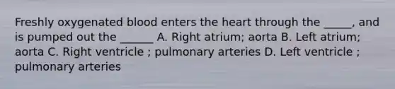 Freshly oxygenated blood enters the heart through the _____, and is pumped out the ______ A. Right atrium; aorta B. Left atrium; aorta C. Right ventricle ; pulmonary arteries D. Left ventricle ; pulmonary arteries