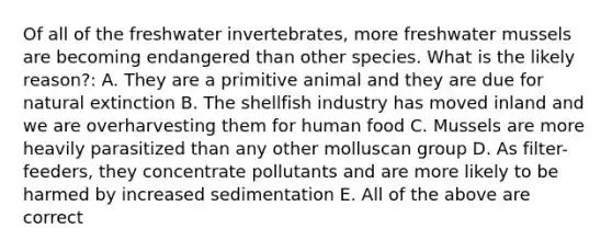 Of all of the freshwater invertebrates, more freshwater mussels are becoming endangered than other species. What is the likely reason?: A. They are a primitive animal and they are due for natural extinction B. The shellfish industry has moved inland and we are overharvesting them for human food C. Mussels are more heavily parasitized than any other molluscan group D. As filter-feeders, they concentrate pollutants and are more likely to be harmed by increased sedimentation E. All of the above are correct