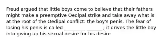 Freud argued that little boys come to believe that their fathers might make a preemptive Oedipal strike and take away what is at the root of the Oedipal conflict: the boy's penis. The fear of losing his penis is called _________ _______; it drives the little boy into giving up his sexual desire for his desire