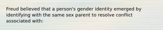 Freud believed that a person's gender identity emerged by identifying with the same sex parent to resolve conflict associated with: