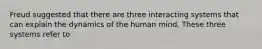 Freud suggested that there are three interacting systems that can explain the dynamics of the human mind. These three systems refer to