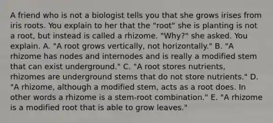 A friend who is not a biologist tells you that she grows irises from iris roots. You explain to her that the "root" she is planting is not a root, but instead is called a rhizome. "Why?" she asked. You explain. A. "A root grows vertically, not horizontally." B. "A rhizome has nodes and internodes and is really a modified stem that can exist underground." C. "A root stores nutrients, rhizomes are underground stems that do not store nutrients." D. "A rhizome, although a modified stem, acts as a root does. In other words a rhizome is a stem-root combination." E. "A rhizome is a modified root that is able to grow leaves."