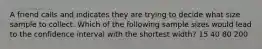 A friend calls and indicates they are trying to decide what size sample to collect. Which of the following sample sizes would lead to the confidence interval with the shortest width? 15 40 80 200