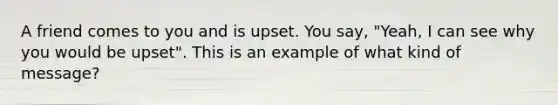 A friend comes to you and is upset. You say, "Yeah, I can see why you would be upset". This is an example of what kind of message?