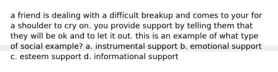 a friend is dealing with a difficult breakup and comes to your for a shoulder to cry on. you provide support by telling them that they will be ok and to let it out. this is an example of what type of social example? a. instrumental support b. emotional support c. esteem support d. informational support