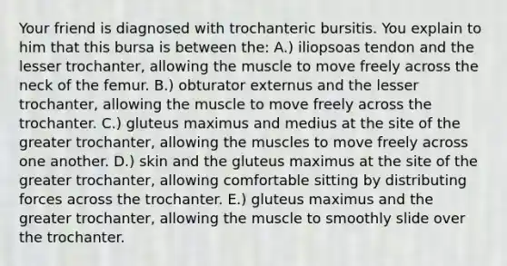 Your friend is diagnosed with trochanteric bursitis. You explain to him that this bursa is between the: A.) iliopsoas tendon and the lesser trochanter, allowing the muscle to move freely across the neck of the femur. B.) obturator externus and the lesser trochanter, allowing the muscle to move freely across the trochanter. C.) gluteus maximus and medius at the site of the greater trochanter, allowing the muscles to move freely across one another. D.) skin and the gluteus maximus at the site of the greater trochanter, allowing comfortable sitting by distributing forces across the trochanter. E.) gluteus maximus and the greater trochanter, allowing the muscle to smoothly slide over the trochanter.