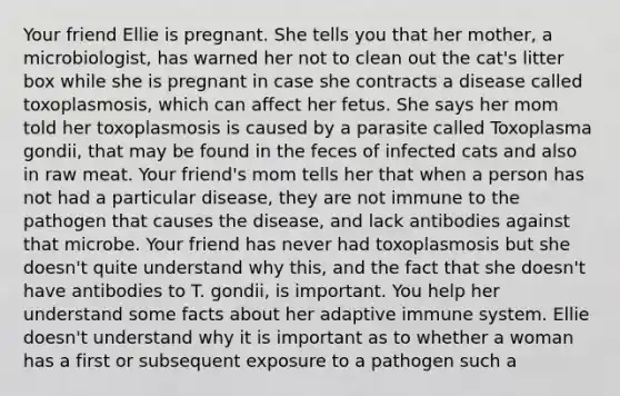 Your friend Ellie is pregnant. She tells you that her mother, a microbiologist, has warned her not to clean out the cat's litter box while she is pregnant in case she contracts a disease called toxoplasmosis, which can affect her fetus. She says her mom told her toxoplasmosis is caused by a parasite called Toxoplasma gondii, that may be found in the feces of infected cats and also in raw meat. Your friend's mom tells her that when a person has not had a particular disease, they are not immune to the pathogen that causes the disease, and lack antibodies against that microbe. Your friend has never had toxoplasmosis but she doesn't quite understand why this, and the fact that she doesn't have antibodies to T. gondii, is important. You help her understand some facts about her adaptive immune system. Ellie doesn't understand why it is important as to whether a woman has a first or subsequent exposure to a pathogen such a