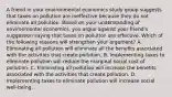 A friend in your environmental economics study group suggests that taxes on pollution are ineffective because they do not eliminate all pollution. Based on your understanding of environmental​ economics, you argue against your​ friend's suggestion saying that taxes on pollution are effective. Which of the following reasons will strengthen your​ argument? A. Eliminating all pollution will eliminate all the benefits associated with the activities that create pollution. B. Implementing taxes to eliminate pollution will reduce the marginal social cost of pollution. C. Eliminating all pollution will increase the benefits associated with the activities that create pollution. D. Implementing taxes to eliminate pollution will increase social​ well-being.