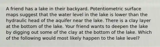 A friend has a lake in their backyard. Potentiometric surface maps suggest that the water level in the lake is lower than the hydraulic head of the aquifer near the lake. There is a clay layer at the bottom of the lake. Your friend wants to deepen the lake by digging out some of the clay at the bottom of the lake. Which of the following would most likely happen to the lake level?