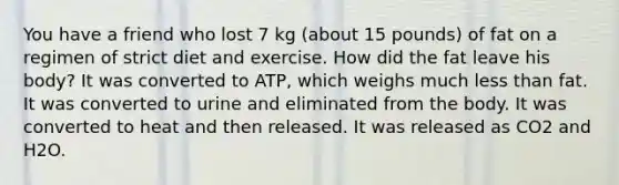 You have a friend who lost 7 kg (about 15 pounds) of fat on a regimen of strict diet and exercise. How did the fat leave his body? It was converted to ATP, which weighs much less than fat. It was converted to urine and eliminated from the body. It was converted to heat and then released. It was released as CO2 and H2O.