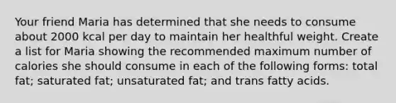 Your friend Maria has determined that she needs to consume about 2000 kcal per day to maintain her healthful weight. Create a list for Maria showing the recommended maximum number of calories she should consume in each of the following forms: total fat; saturated fat; unsaturated fat; and trans fatty acids.