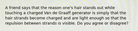 A friend says that the reason one's hair stands out while touching a charged Van de Graaff generator is simply that the hair strands become charged and are light enough so that the repulsion between strands is visible. Do you agree or disagree?