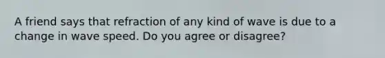 A friend says that refraction of any kind of wave is due to a change in wave speed. Do you agree or disagree?