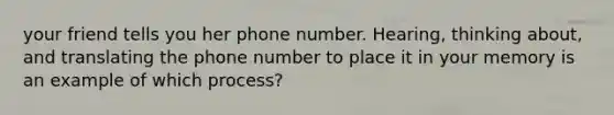 your friend tells you her phone number. Hearing, thinking about, and translating the phone number to place it in your memory is an example of which process?