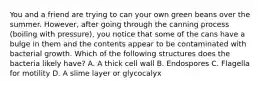 You and a friend are trying to can your own green beans over the summer. However, after going through the canning process (boiling with pressure), you notice that some of the cans have a bulge in them and the contents appear to be contaminated with bacterial growth. Which of the following structures does the bacteria likely have? A. A thick cell wall B. Endospores C. Flagella for motility D. A slime layer or glycocalyx