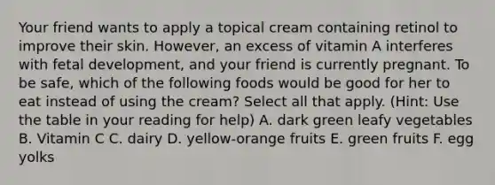 Your friend wants to apply a topical cream containing retinol to improve their skin. However, an excess of vitamin A interferes with fetal development, and your friend is currently pregnant. To be safe, which of the following foods would be good for her to eat instead of using the cream? Select all that apply. (Hint: Use the table in your reading for help) A. dark green leafy vegetables B. Vitamin C C. dairy D. yellow-orange fruits E. green fruits F. egg yolks