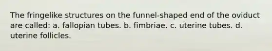 The fringelike structures on the funnel-shaped end of the oviduct are called: a. fallopian tubes. b. fimbriae. c. uterine tubes. d. uterine follicles.