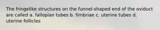 The fringelike structures on the funnel-shaped end of the oviduct are called a. fallopian tubes b. fimbriae c. uterine tubes d. uterine follicles