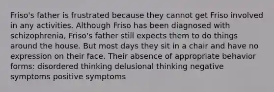 Friso's father is frustrated because they cannot get Friso involved in any activities. Although Friso has been diagnosed with schizophrenia, Friso's father still expects them to do things around the house. But most days they sit in a chair and have no expression on their face. Their absence of appropriate behavior forms: disordered thinking delusional thinking negative symptoms positive symptoms