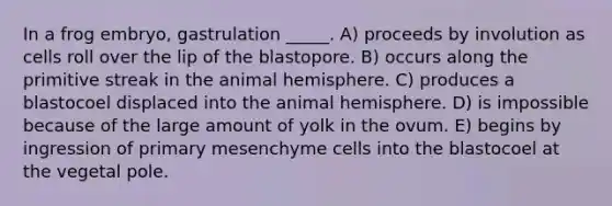 In a frog embryo, gastrulation _____. A) proceeds by involution as cells roll over the lip of the blastopore. B) occurs along the primitive streak in the animal hemisphere. C) produces a blastocoel displaced into the animal hemisphere. D) is impossible because of the large amount of yolk in the ovum. E) begins by ingression of primary mesenchyme cells into the blastocoel at the vegetal pole.