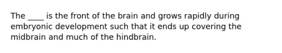 The ____ is the front of <a href='https://www.questionai.com/knowledge/kLMtJeqKp6-the-brain' class='anchor-knowledge'>the brain</a> and grows rapidly during embryonic development such that it ends up covering the midbrain and much of the hindbrain.