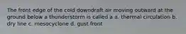 The front edge of the cold downdraft air moving outward at the ground below a thunderstorm is called a a. thermal circulation b. dry line c. mesocyclone d. gust front