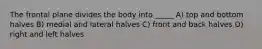 The frontal plane divides the body into _____ A) top and bottom halves B) medial and lateral halves C) front and back halves D) right and left halves