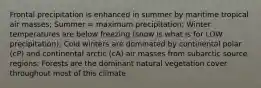 Frontal precipitation is enhanced in summer by maritime tropical air masses; Summer = maximum precipitation; Winter temperatures are below freezing (snow is what is for LOW precipitation); Cold winters are dominated by continental polar (cP) and continental arctic (cA) air masses from subarctic source regions; Forests are the dominant natural vegetation cover throughout most of this climate