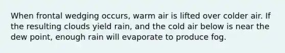 When frontal wedging occurs, warm air is lifted over colder air. If the resulting clouds yield rain, and the cold air below is near the dew point, enough rain will evaporate to produce fog.