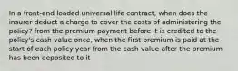 In a front-end loaded universal life contract, when does the insurer deduct a charge to cover the costs of administering the policy? from the premium payment before it is credited to the policy's cash value once, when the first premium is paid at the start of each policy year from the cash value after the premium has been deposited to it