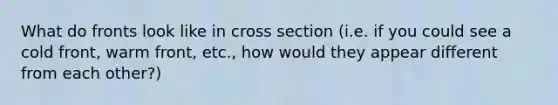 What do fronts look like in cross section (i.e. if you could see a cold front, warm front, etc., how would they appear different from each other?)