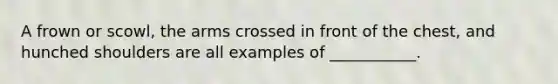 A frown or scowl, the arms crossed in front of the chest, and hunched shoulders are all examples of ___________.